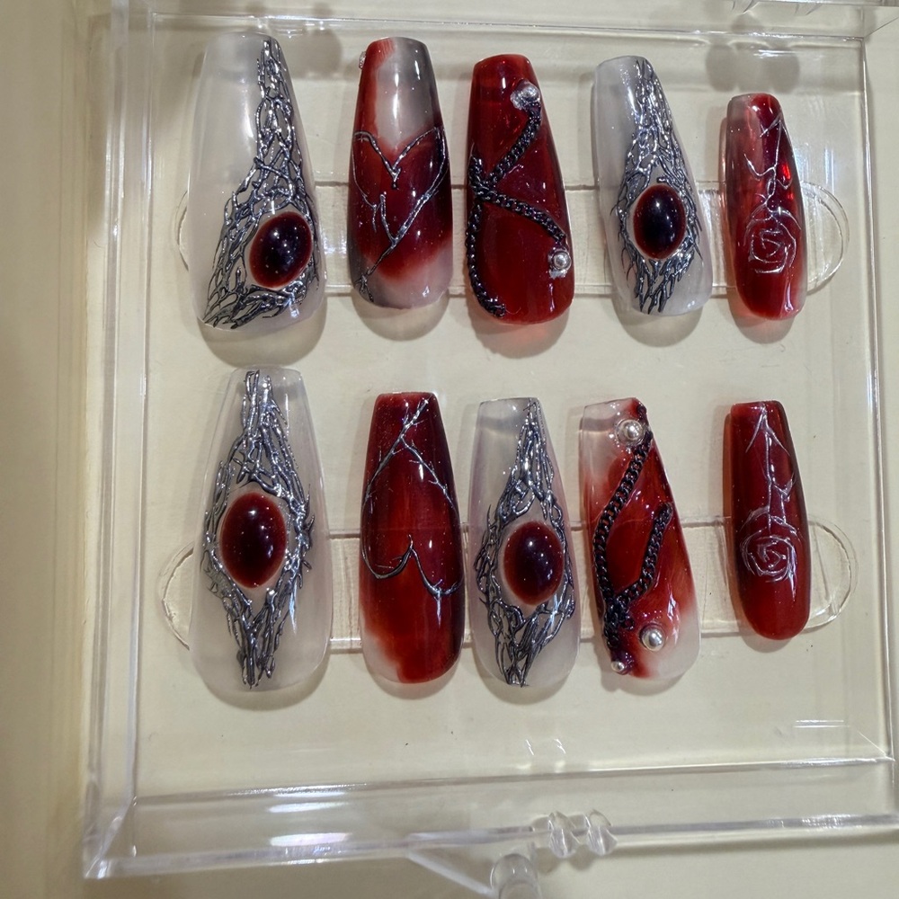 Red and Silver Artistic Nail Set | Handmade Press-On Nails Set | 10pcs